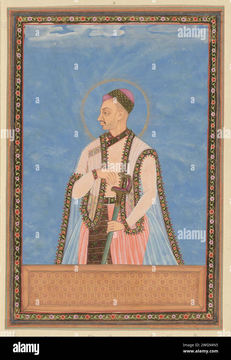 Portrait of Sultan Muhammad-Quli, son of Muhammad-Quli Padsha; After his father he ruled over Golconda, c. 1686 drawing. Indian miniature Sultan Muhammad-Quli is depicted up to his hips, used to half to the left, his sword in his left hand. Leaf 21 in the `Witsen-Album ', with 49 Indian miniatures of princes. Above the portrait a piece of paper with the name in Persian. Under the portrait a piece of paper with the name in the Portuguese. Golkonda paper. deck paint. gold leaf. gouache (paint) brush ruler, sovereign. historical person (...) - historical person (...) portrayed alone Stock Photo
